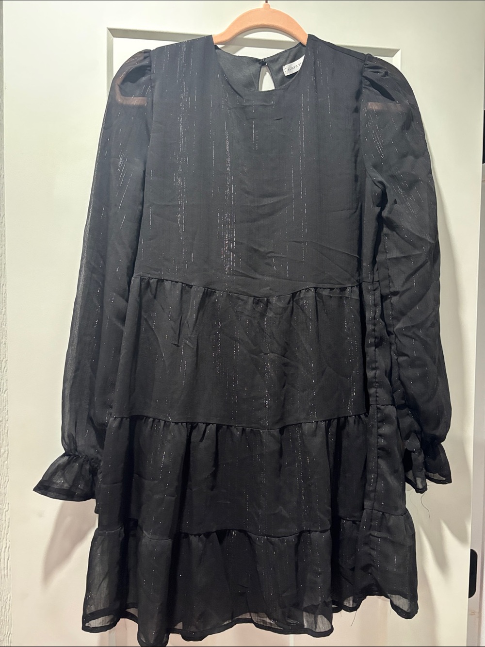 Altar'd State Black Tiered Long-Sleeve Midi Dress with Subtle Shimmer